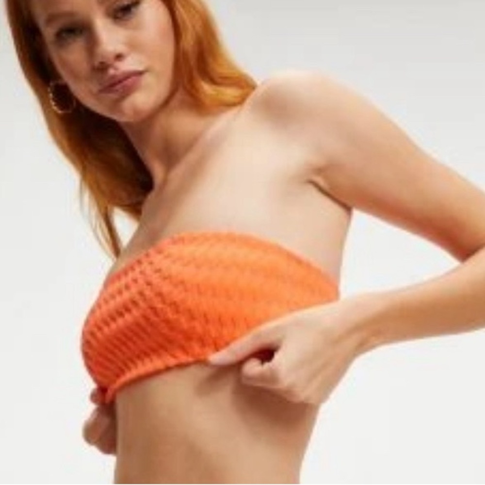 NWT [Good American] Bandeau Textured Swimsuit Bikini Top, Orange Juniors Sz (1) - Picture 4 of 8